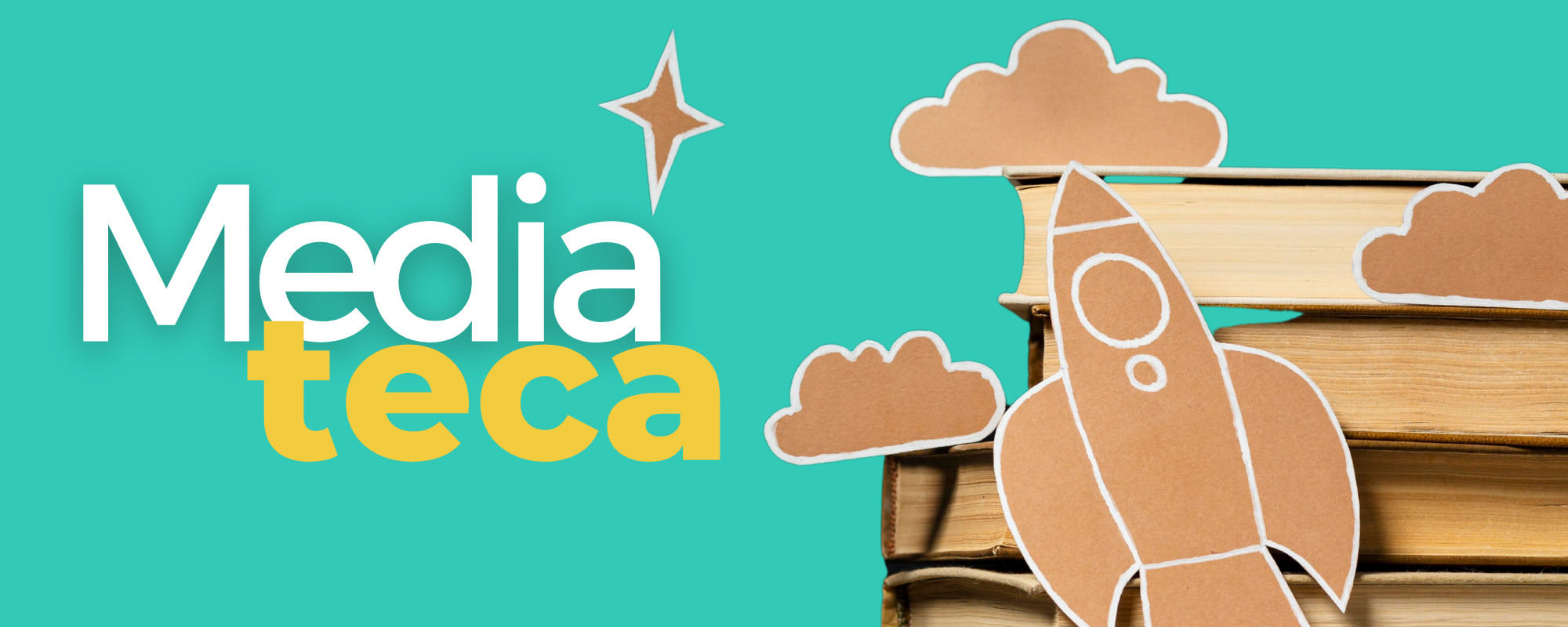 Imagen de portada de Tipo de Recurso "Bibliografía" - Se visualiza una figura de cohete de cartón sobre unos libros.