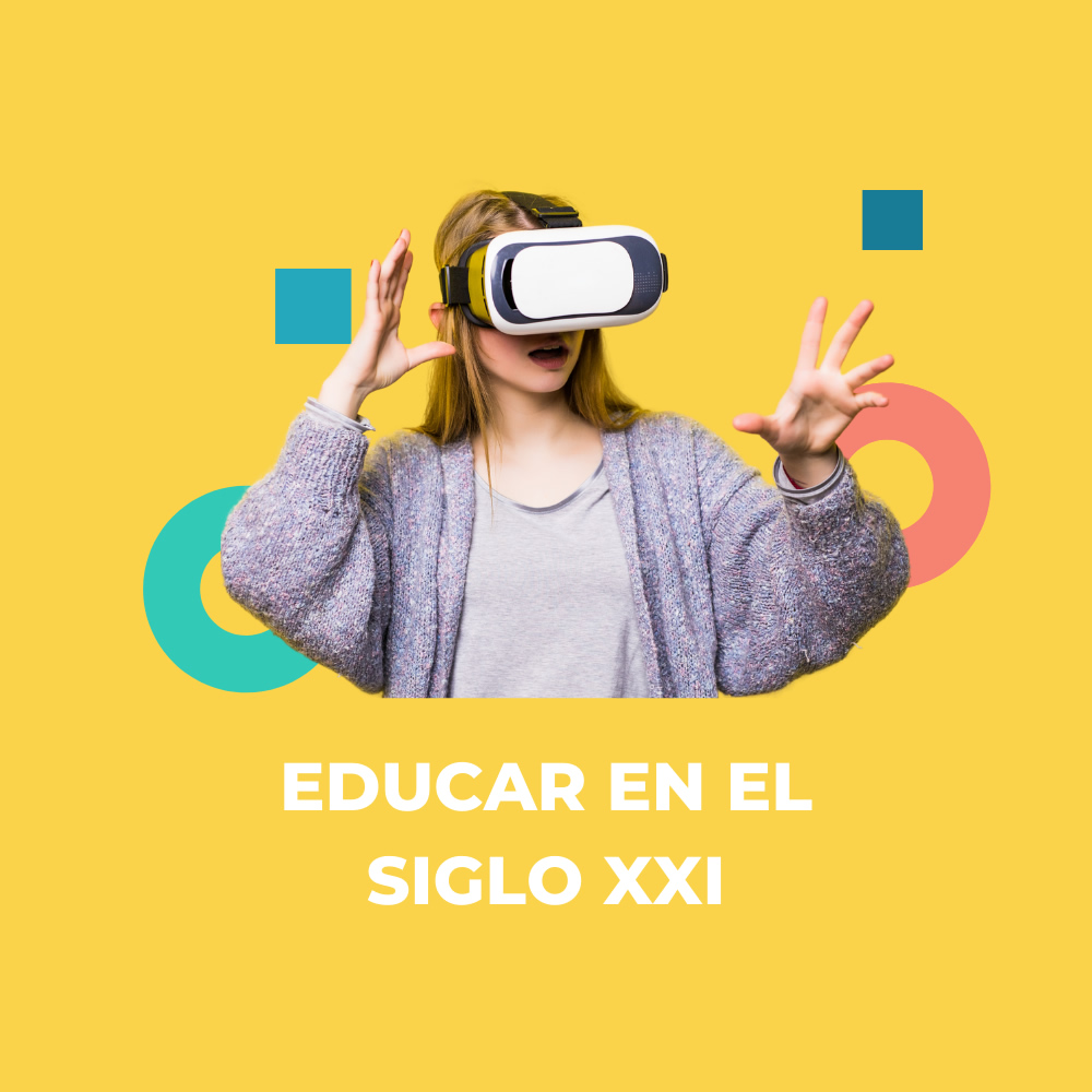 Imagen de Colección "Educar en el Siglo XXI" - Se visualiza una Chica asombrada con manos arriba, con un casco de realidad virtual